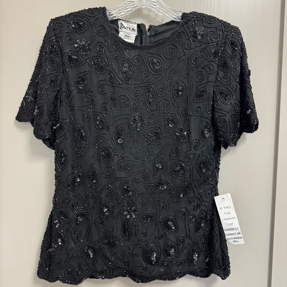 Patra Tops - NWT Vintage Patra Petites 100% Silk Beaded Sequined Evening Top Black 80’s Sz MP